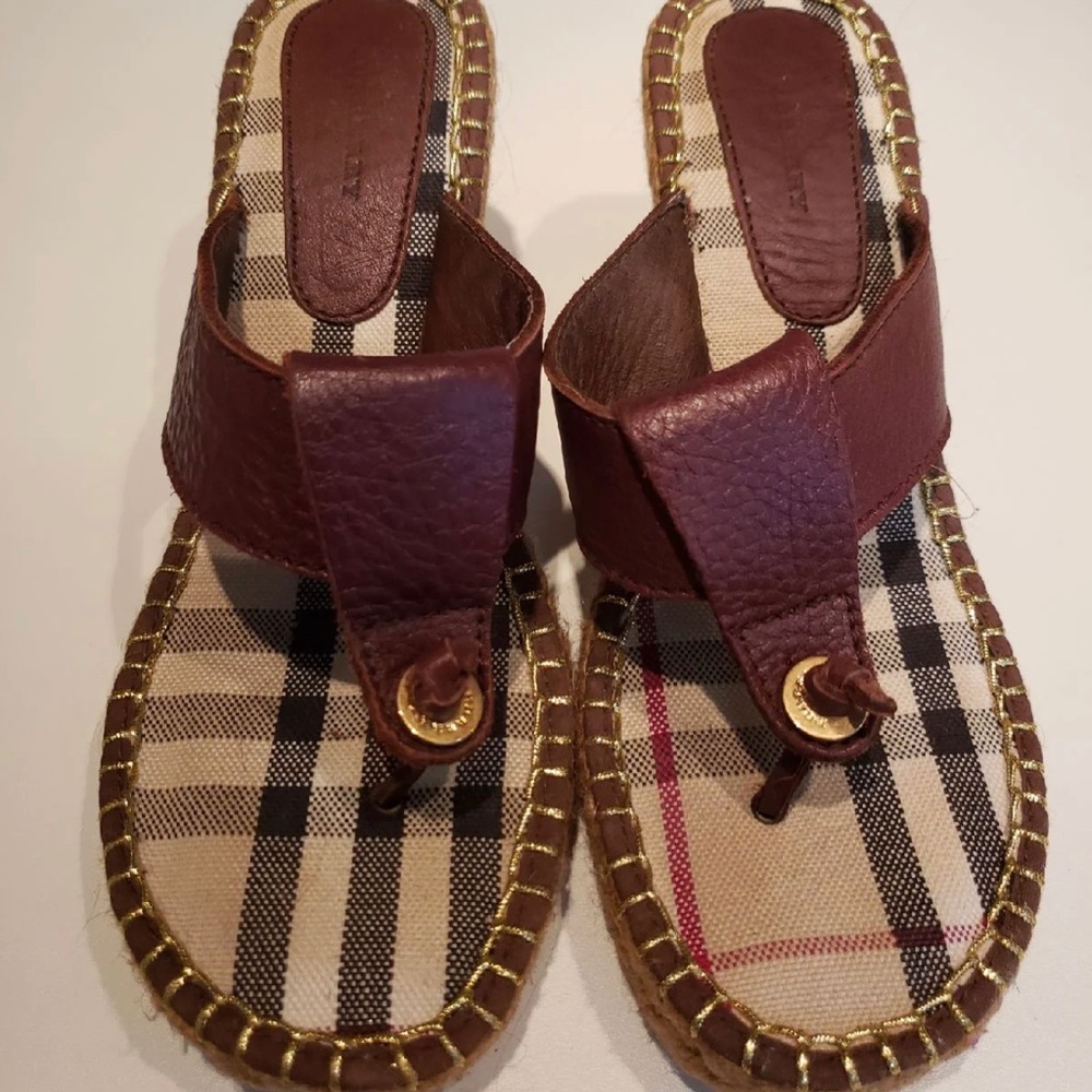 Burberry Brown Leather Plaid Thong Sandals